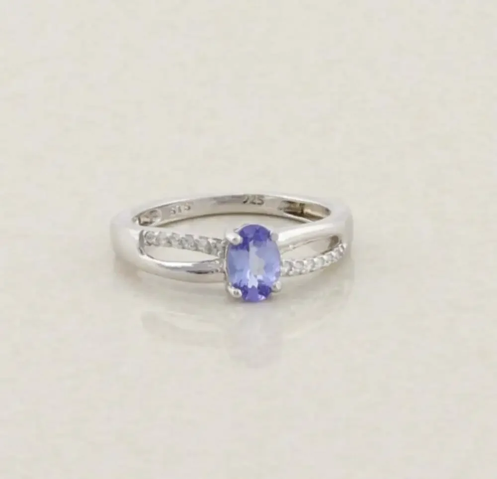 Sterling Silver Natural Tanzanite and White Zircon Ring Size 6 Woman Teen Child